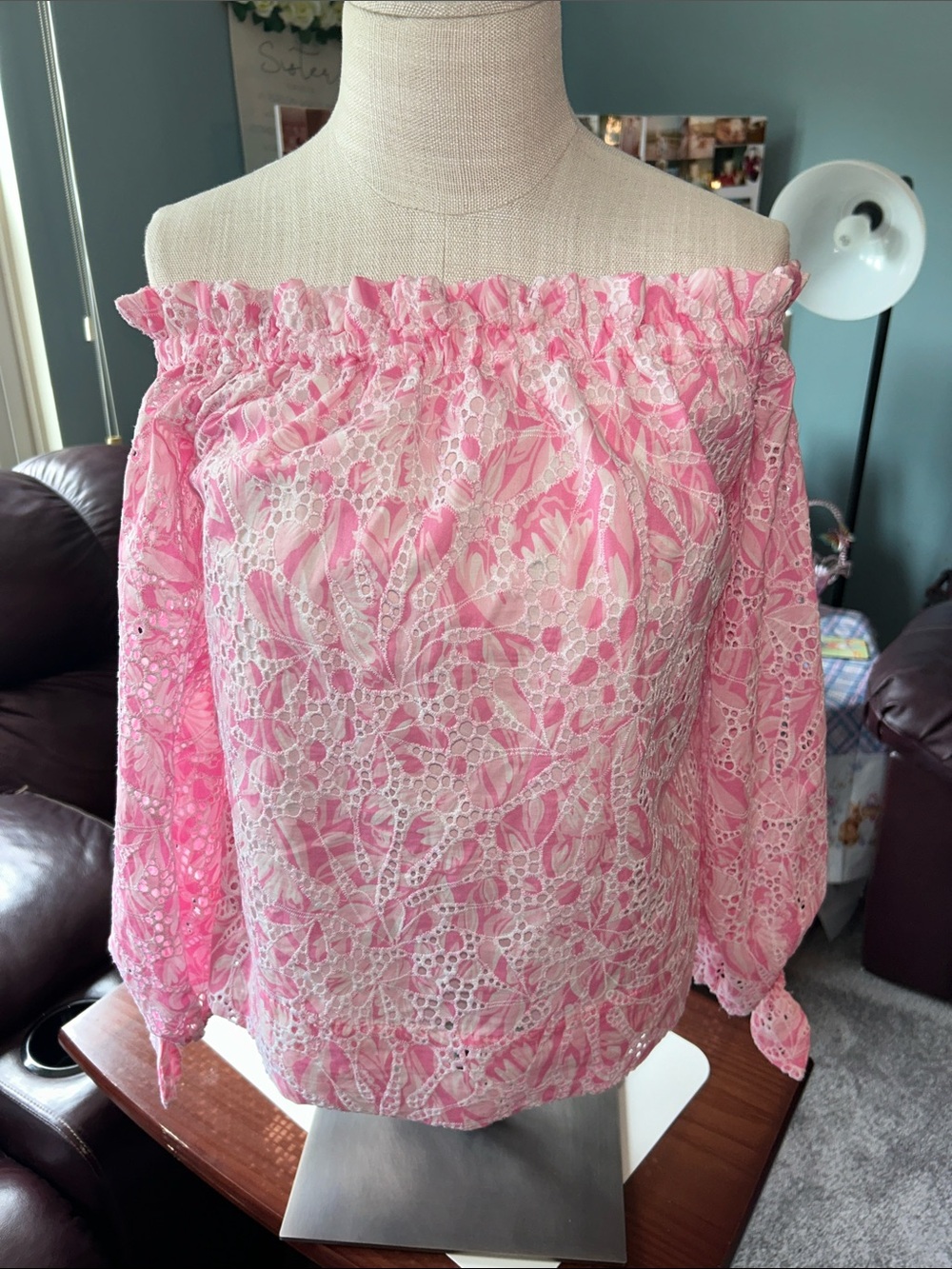Lilly Pulitzer -Size Small Winifred Pink/white Off-the-Shoulder Lace Blouse - Picture 7 of 7